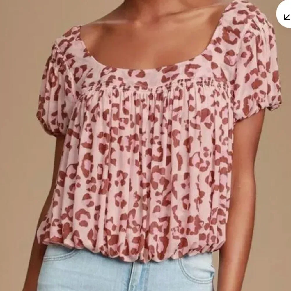 Free People Meg's Blouse Pink Leopard Cropped Mesh Pleated Safari Boho Chic M